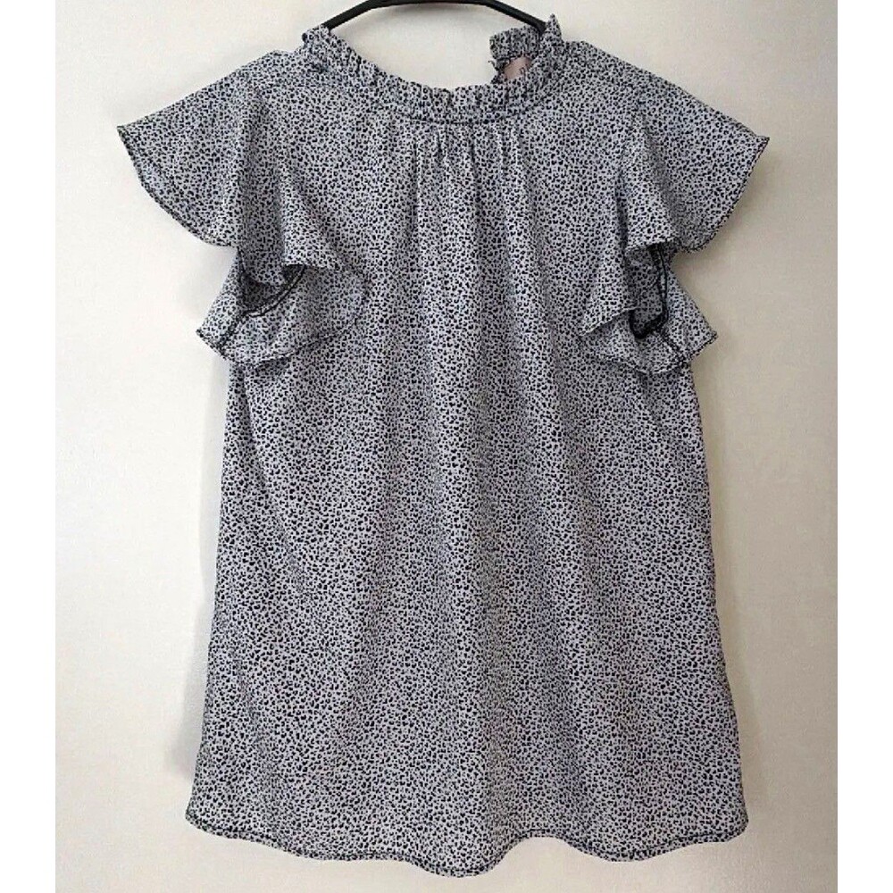 Women’s Black & White Polka Dot Ruffle Flutter Sleeve Crew Neck Blouse